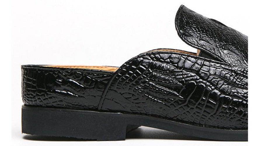 Genuine slip-on loafers in black with textured crocodile design for stylish men