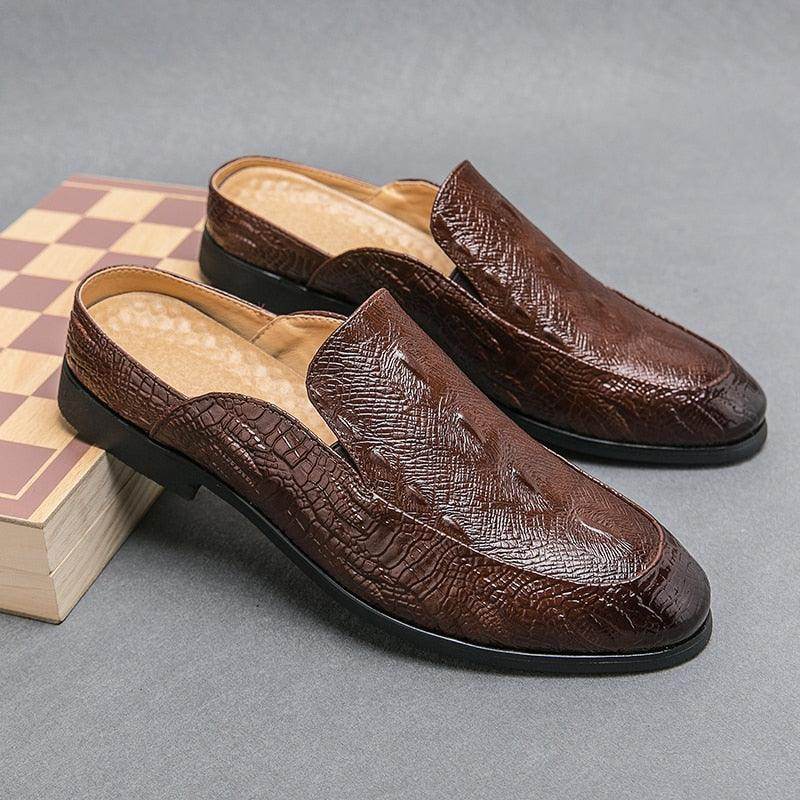 Genuine slip-on loafers for men in dark brown with textured leather design for casual wear