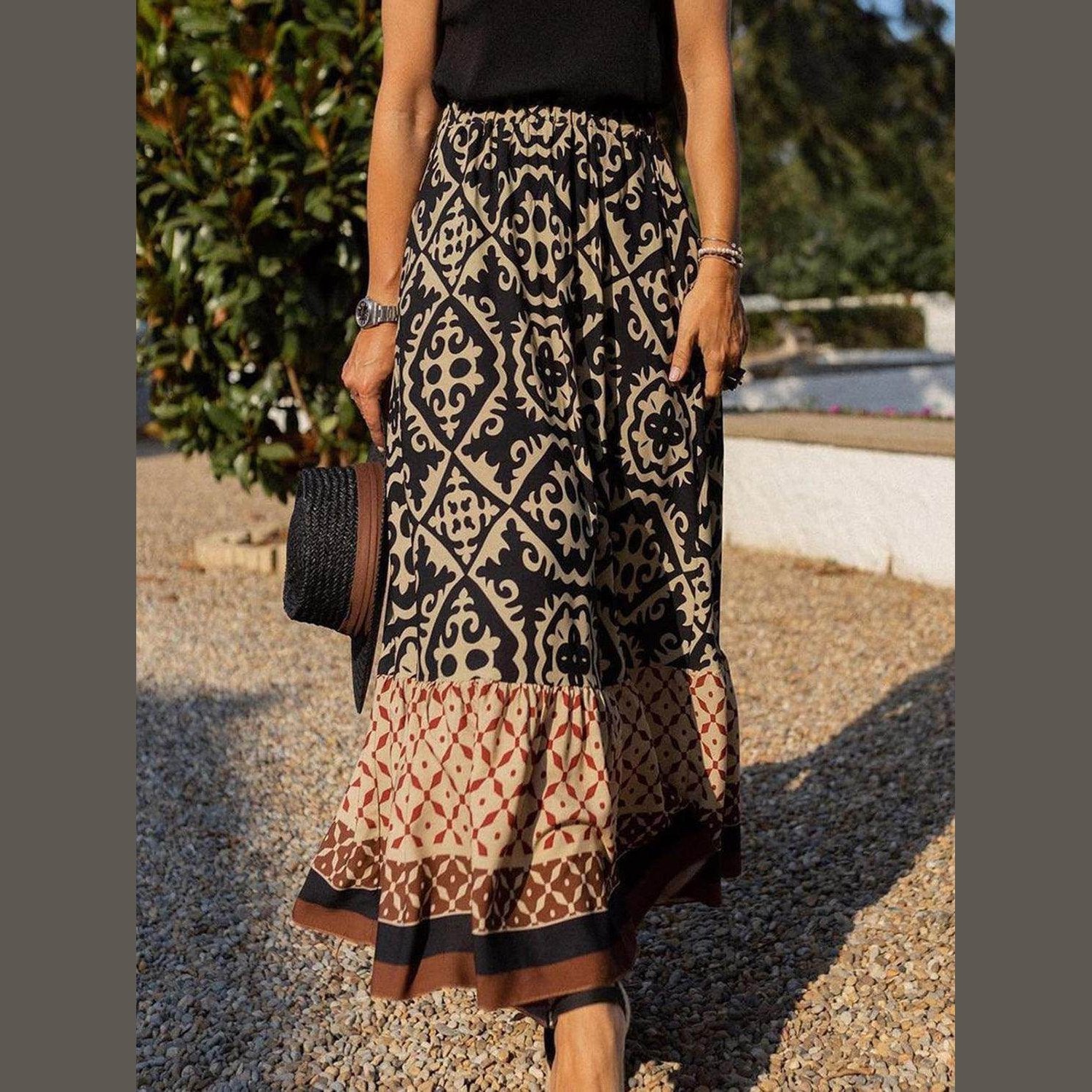 Geometric Elastic Waist Maxi Skirt - VacationGrabs