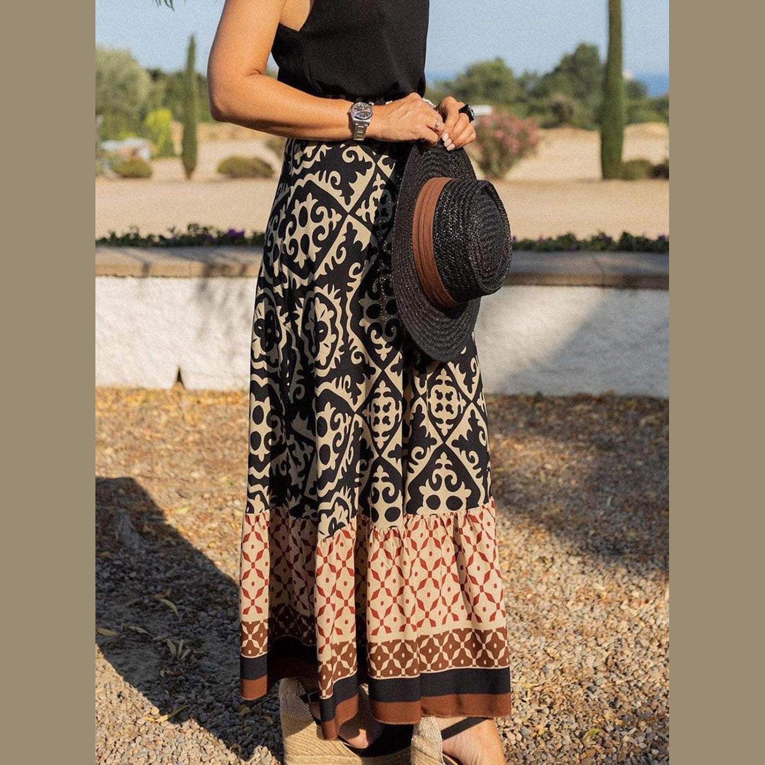 Geometric Elastic Waist Maxi Skirt - VacationGrabs