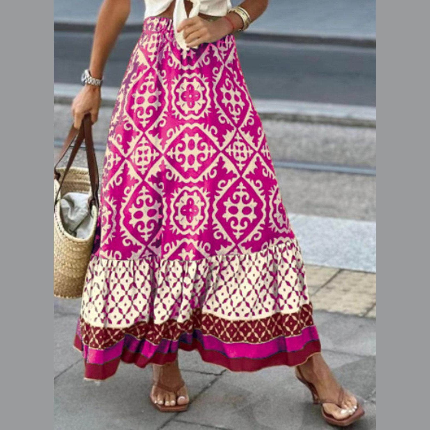 Geometric Elastic Waist Maxi Skirt - VacationGrabs
