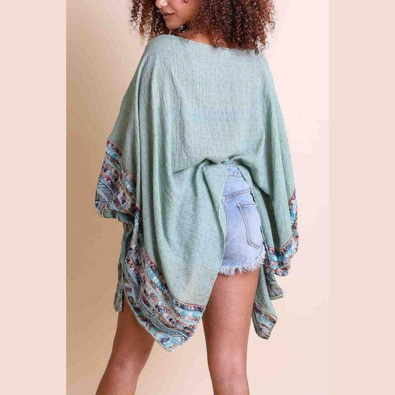 Geometric Embroidered Sleeve Kimono - VacationGrabs