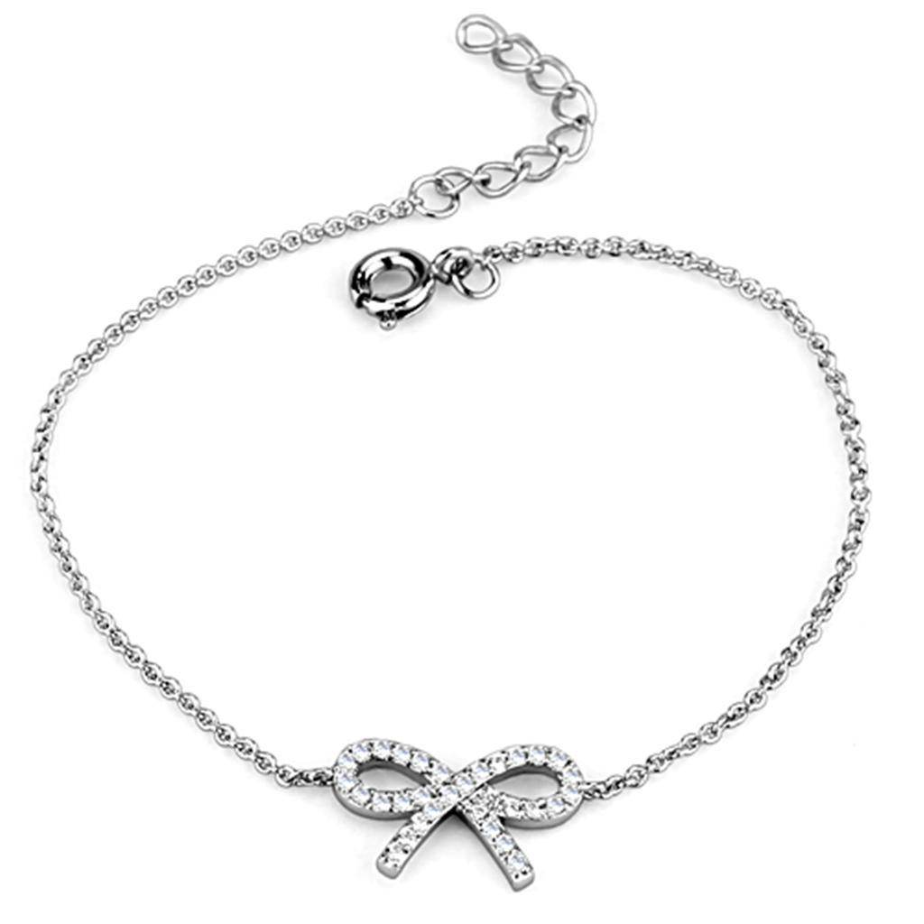 Elegant gift for her rhodium bracelet with sparkling crystal bow charm on a delicate chain