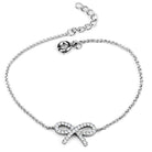 Elegant gift for her rhodium bracelet with sparkling crystal bow charm on a delicate chain