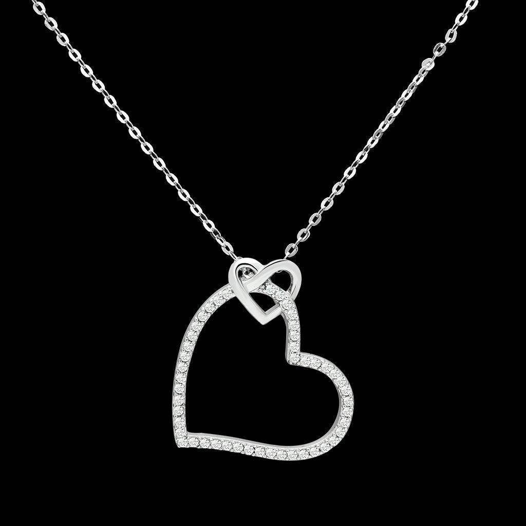 Gift for her sterling silver necklace featuring a heart pendant adorned with sparkling stones
