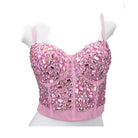 VacationGrabs pink jeweled bustier on mannequin rhinestone crop top party outfit with structured cups and thin straps