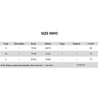 Size chart for glitter backless mini dress showing measurements for small medium and large sizes in centimeters