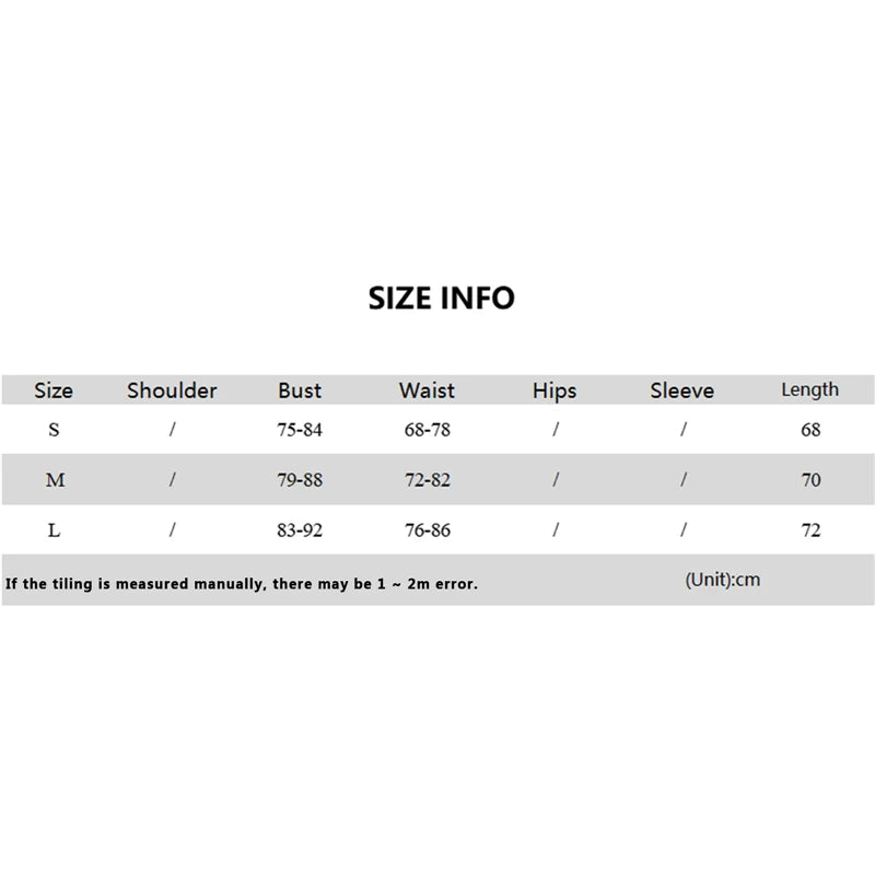 Size chart for glitter backless mini dress showing measurements for small medium and large sizes in centimeters