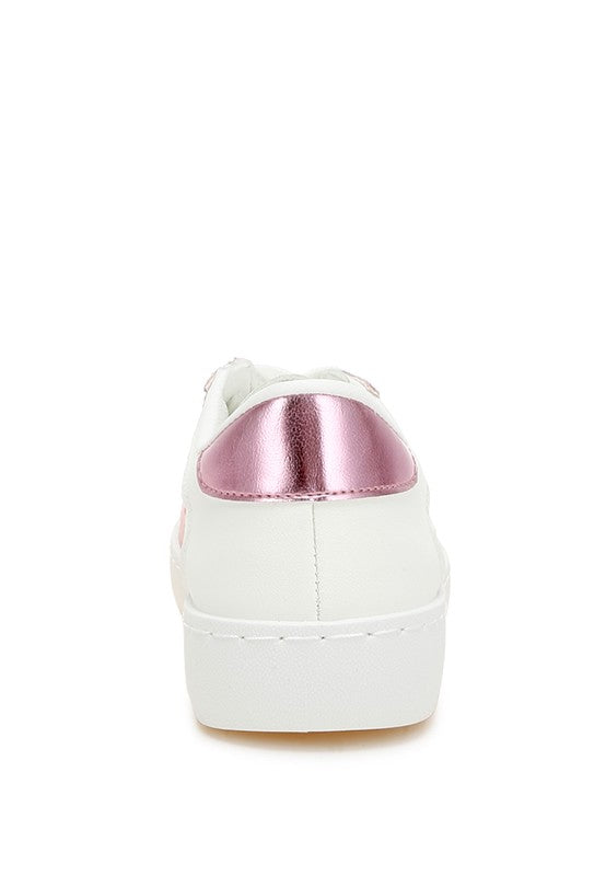 Women's glitter faux leather sneakers in white with metallic pink accents
