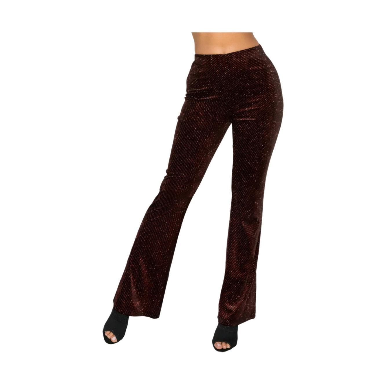 VacationGrabs glitter flare pants women clubwear in dark shimmering fabric with a fitted waist and flared legs