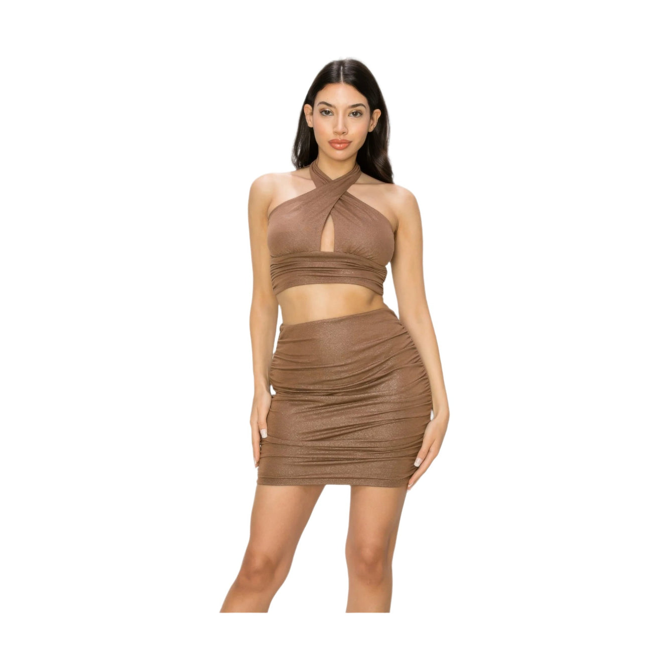 Brown glitter tie top skirt set clubwear for women featuring a halter neck crop top and ruched mini skirt