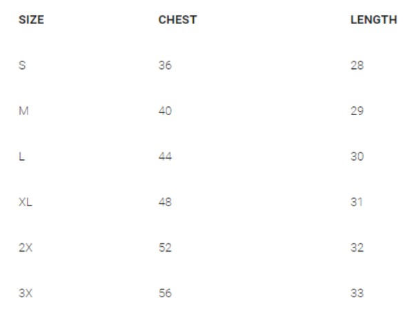Size chart for Ocean and 7th men's go ask your mom shirt showing chest and length measurements
