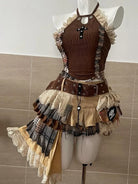Punk vintage ruffle skirt outfit costume featuring layered plaid and lace with a brown halter top and belt