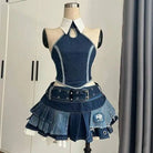 Punk vintage ruffle skirt outfit costume with denim halter top and layered pleated skirt