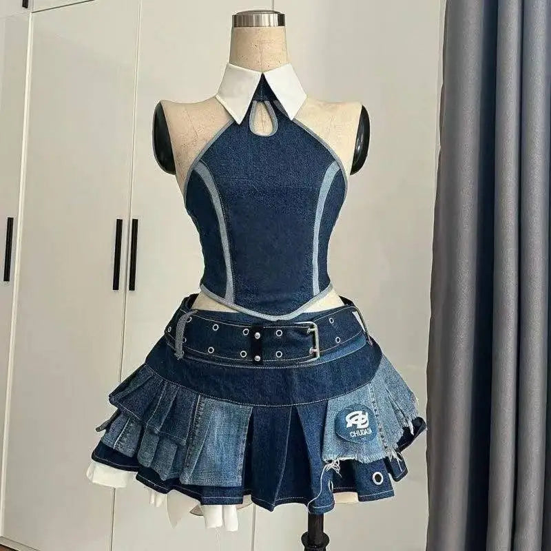 Punk vintage ruffle skirt outfit costume with denim halter top and layered pleated skirt