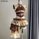 punk vintage ruffle skirt outfit costume with layered plaid and lace details featuring buckle belts and halter top