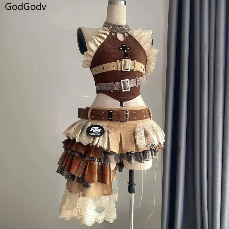punk vintage ruffle skirt outfit costume with layered plaid and lace details featuring buckle belts and halter top
