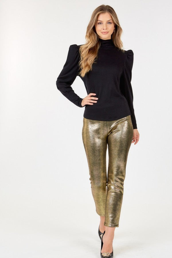VacationGrabs women's ankle length faux leather pants in metallic gold styled with black top