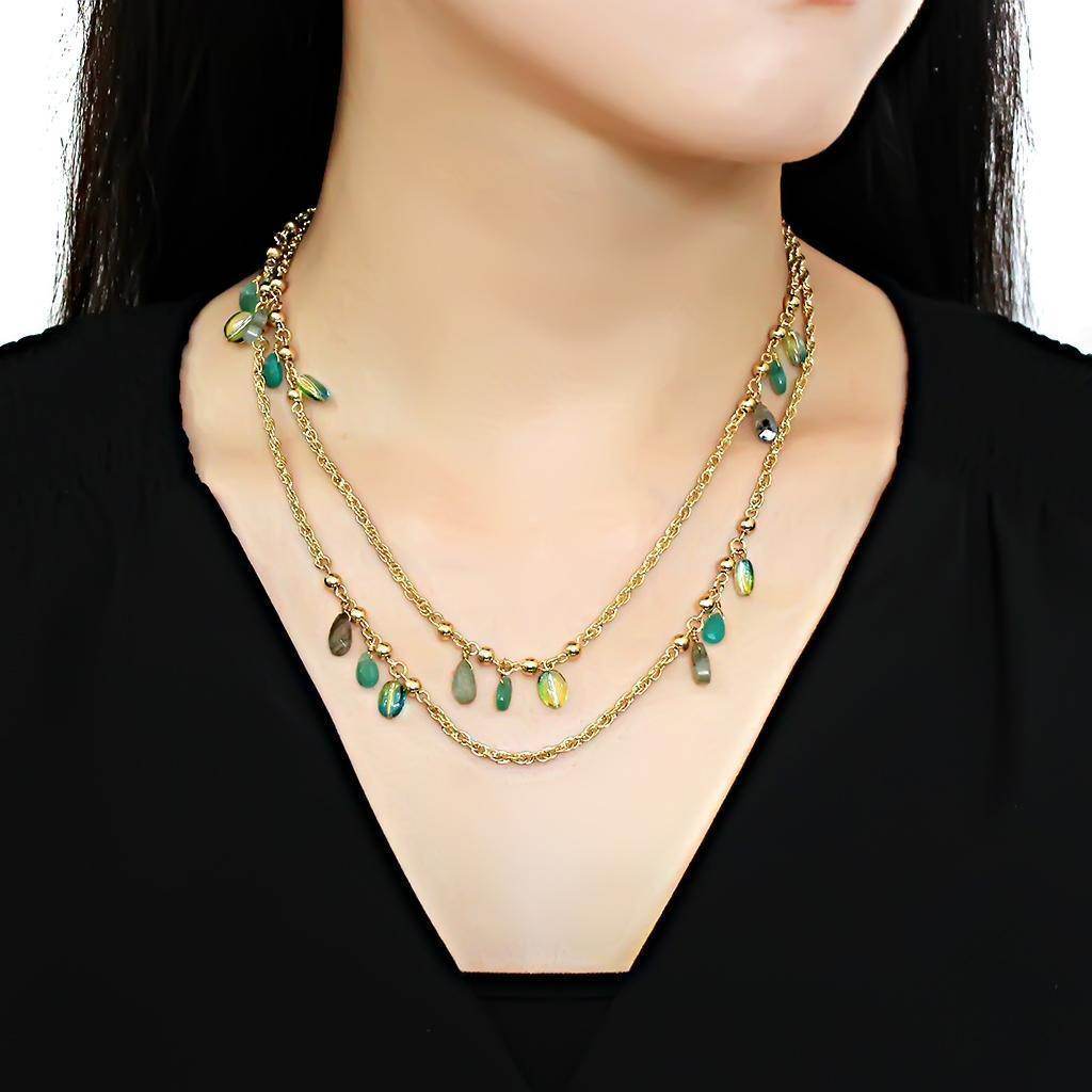 Elegant gold brass necklace for women featuring layered chains and colorful charms