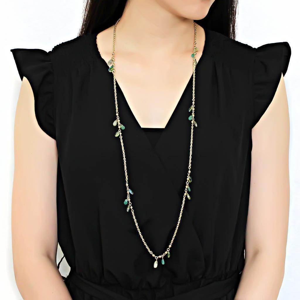 Stylish gold brass necklace for women featuring delicate green accents and a long chain design