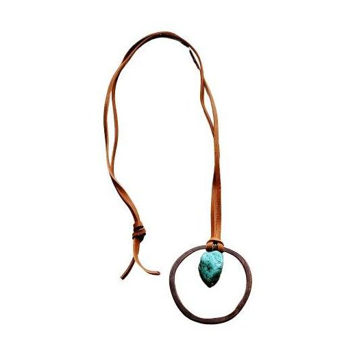 Bohemian style gold hoop necklace for vacation featuring a turquoise pendant on a leather cord
