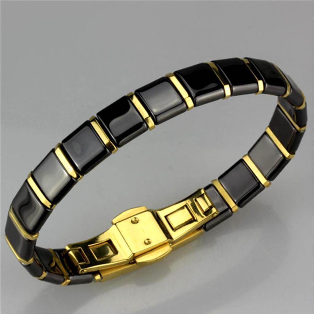 Stylish gold ion plated women's bracelet with black and gray ceramic links for everyday wear