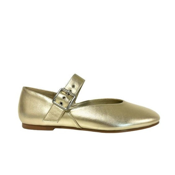 Maker's Shoes silver mary jane flats with buckle strap and smooth metallic finish