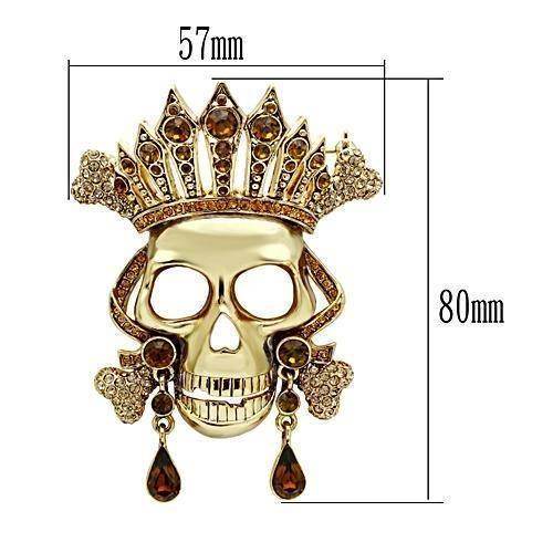 Gold skull brooch for women with a crown design featuring sparkling accents and detailed craftsmanship