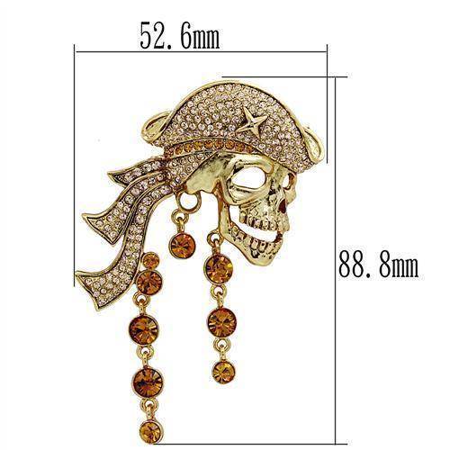 Gold skull brooch pin with sparkling crystals and hanging jewels for stylish accessory lovers