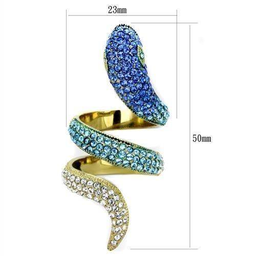 Stunning gold snake ring for women embellished with blue and clear crystals in an elegant design