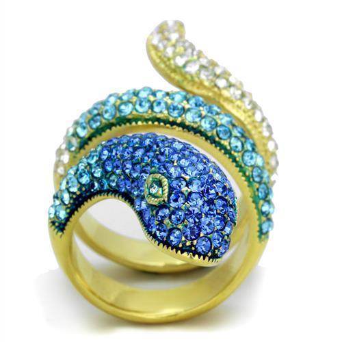 Stunning gold snake ring for women adorned with blue and green sparkling stones