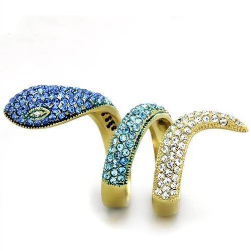 Gold snake ring for women embellished with blue and clear crystals for a stylish look