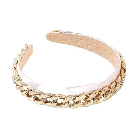 Bella Chic statement chain headband with gold chain detail and soft beige fabric lining