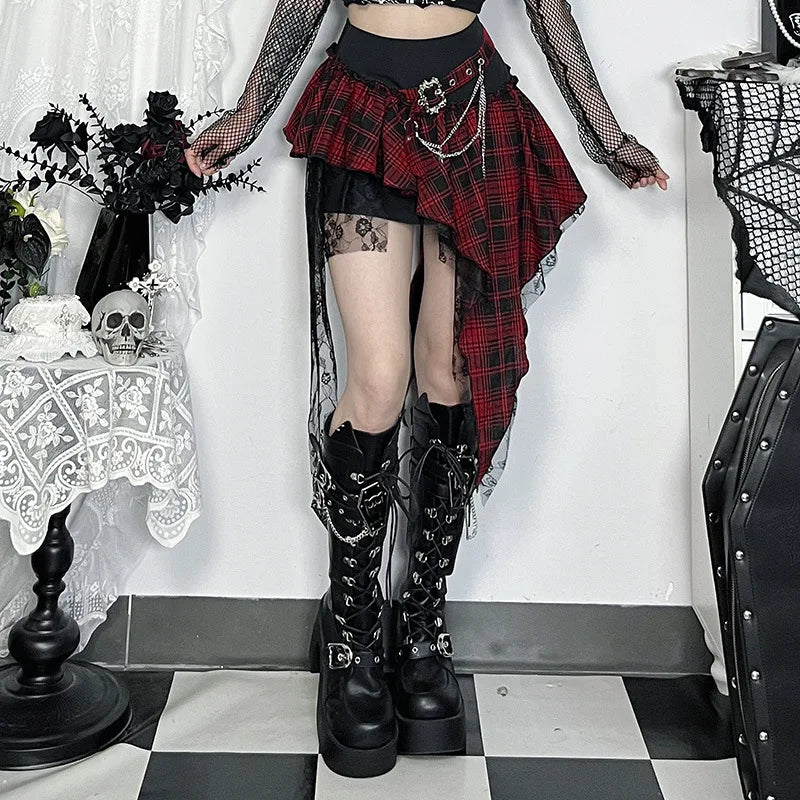 VacationGrabs goth plaid skirt for women styled with black lace and platform boots in a gothic setting