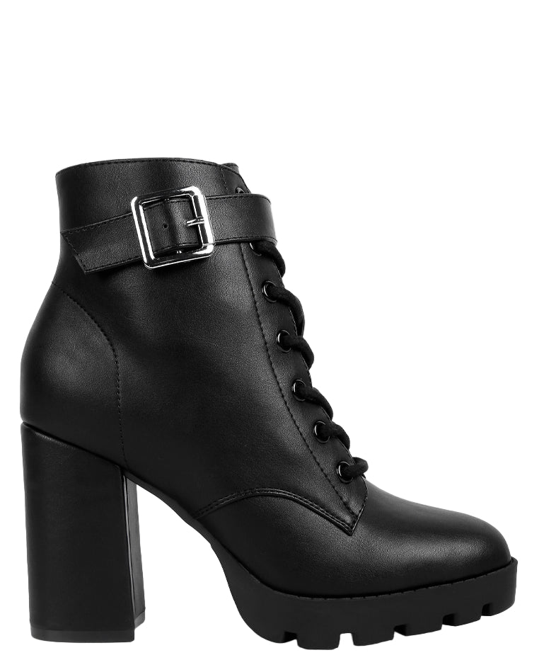 Black leather boot with a block heel on a white background