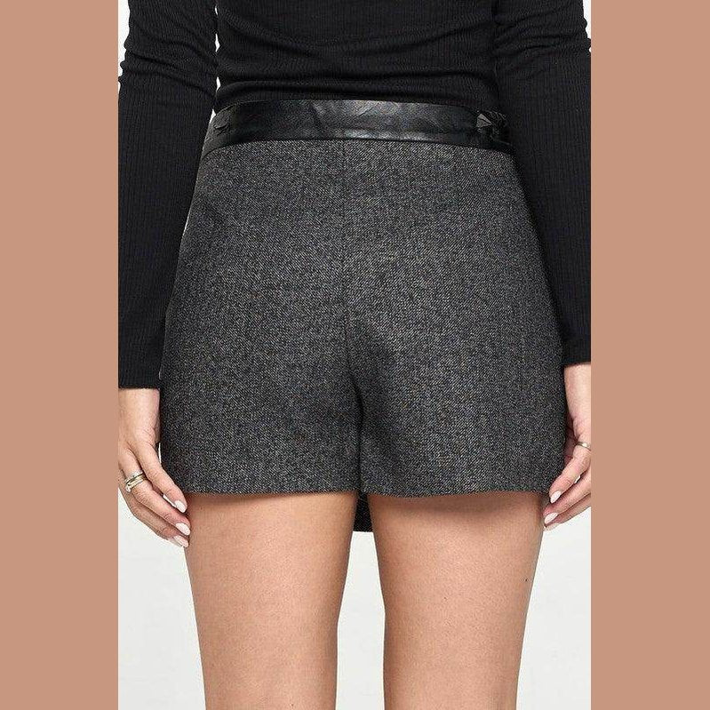 Back view of Miley + Molly grey mini wrap skirt with stylish black belt for a chic look