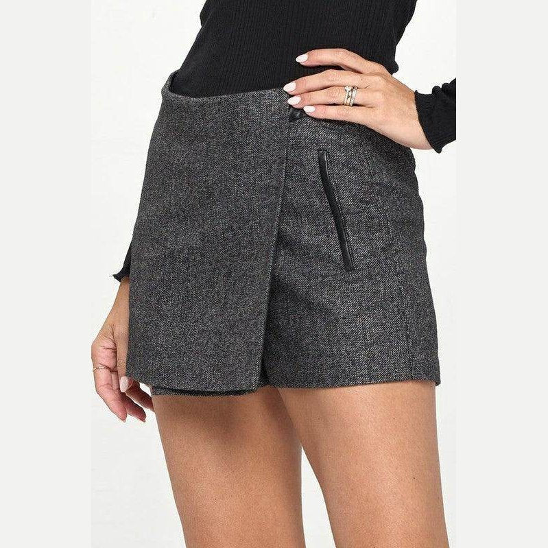 Miley + Molly grey mini wrap skirt with a stylish design and side zipper detail