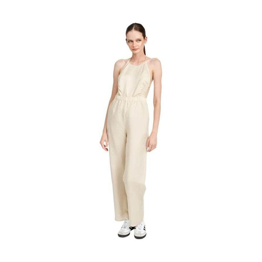 Emory Park Halter Neck Jumpsuit Open Back in Beige with Relaxed Fit and Wide Legs
