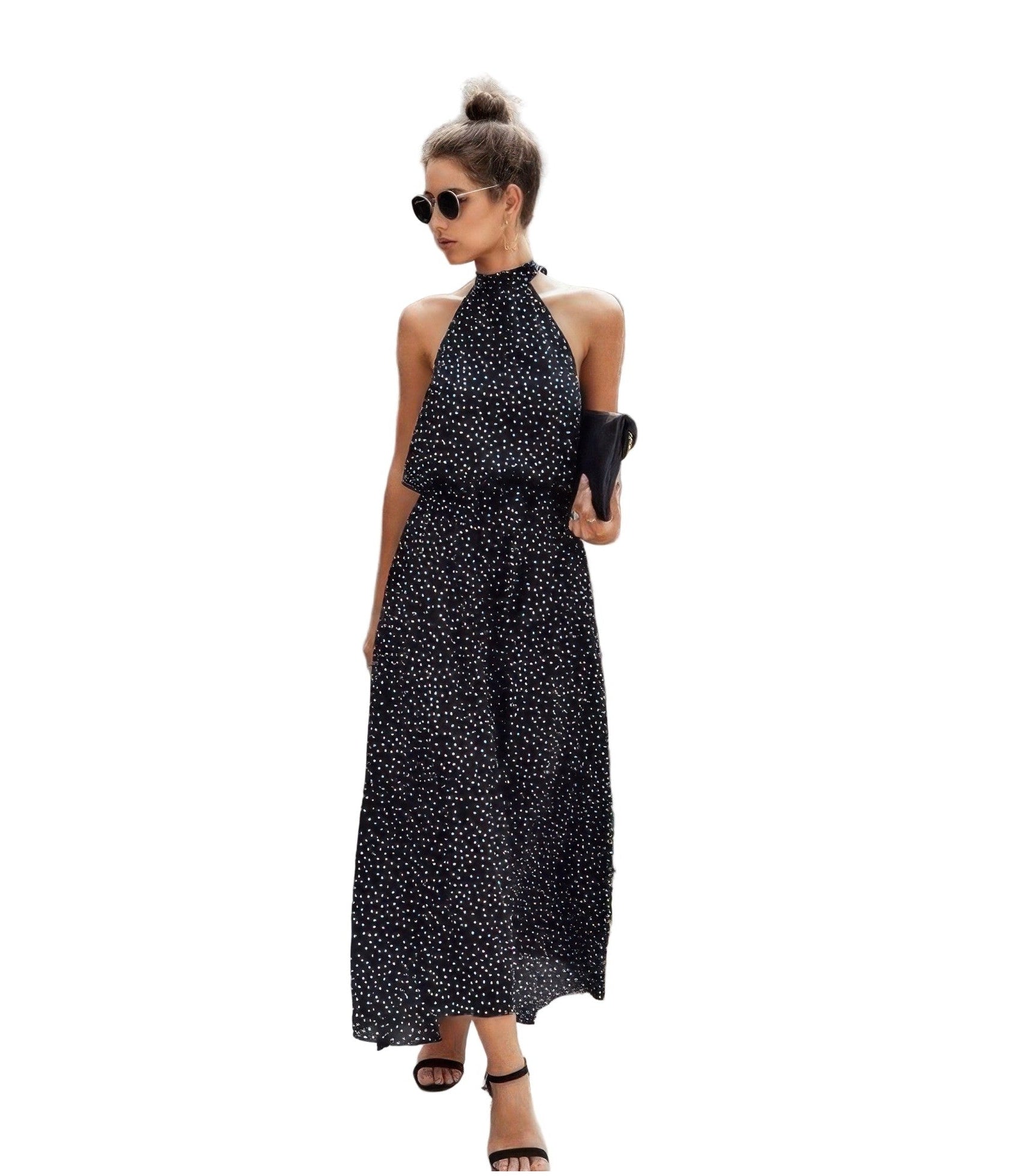 Stylish Women's halter neck polka dot dress in black with elegant design for summer outings