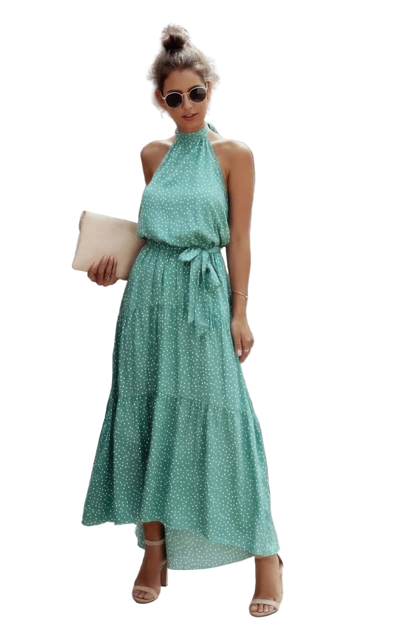 Women's halter neck polka dot dress in green with a tiered skirt and matching belt from VacationGrabs