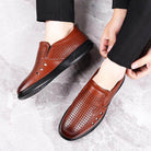 Men's handmade casual slide on shoes in brown with perforated design for breathable comfort