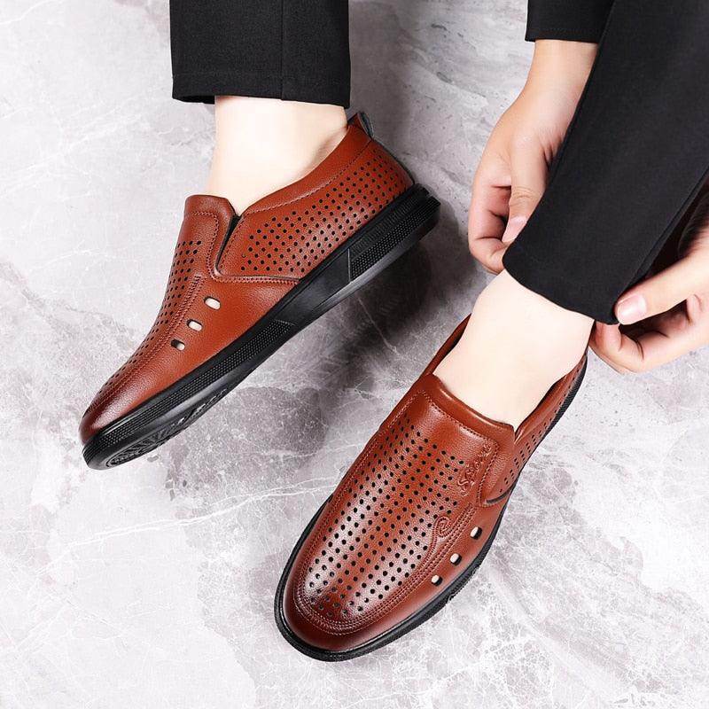 Men's handmade casual slide on shoes in brown with perforated design for breathable comfort