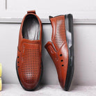 VacationGrabs handmade casual slide on shoes in brown leather with breathable perforated design