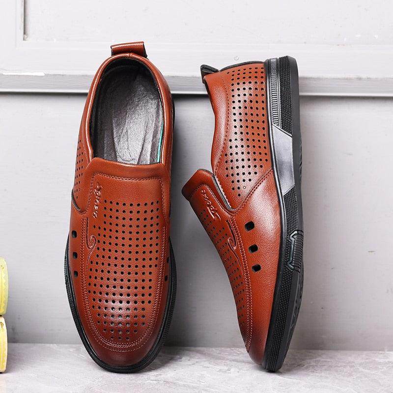VacationGrabs handmade casual slide on shoes in brown leather with breathable perforated design