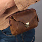 Brown leather hands-free belt pouch with zipper closure and stylish design for convenient carrying