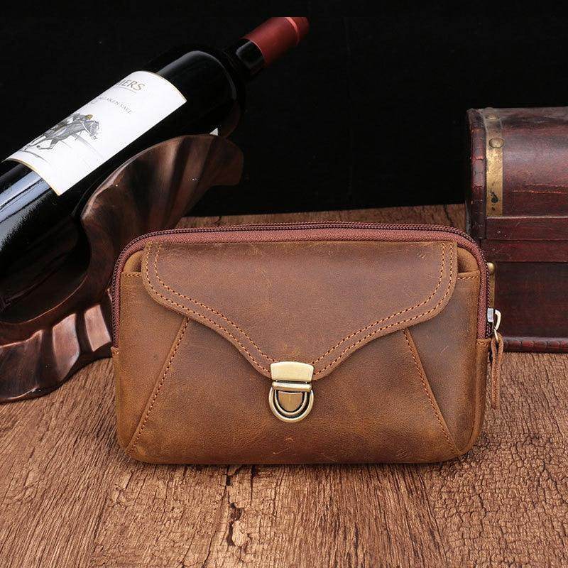 Stylish VacationGrabs brown leather hands-free belt pouch for easy carrying and organization