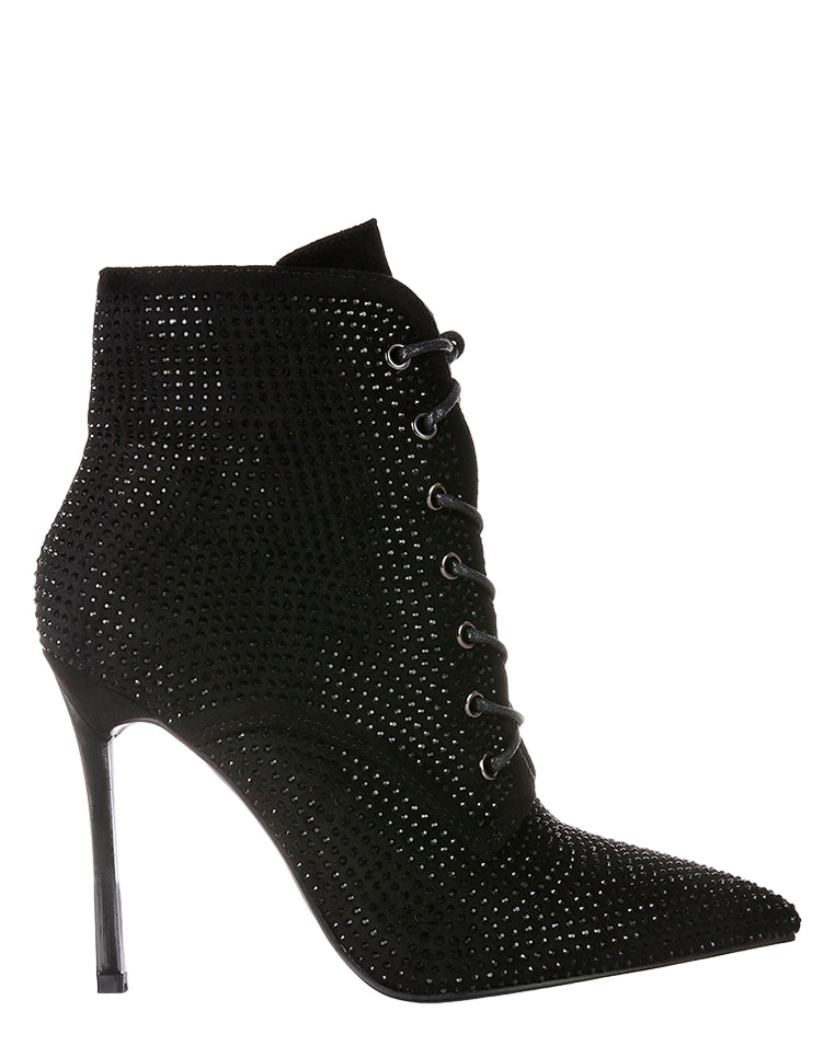Black stiletto heel ankle boot with rhinestone details on a white background