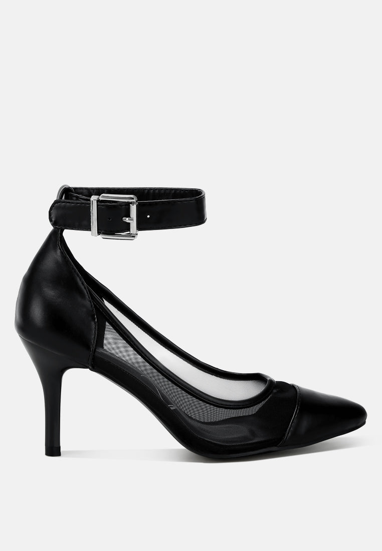 Black high-heeled shoe with mesh panel and ankle strap on a white background