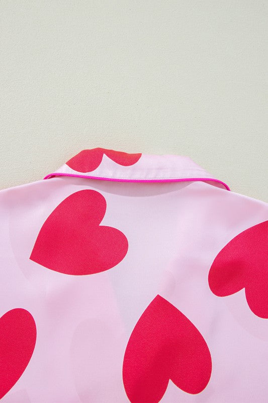YNIQUE pink heart print valentine pajamas set with red heart patterns on soft fabric