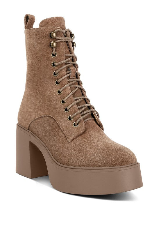 Rag Company high ankle platform boots in tan with lace-up design and sturdy block heel
